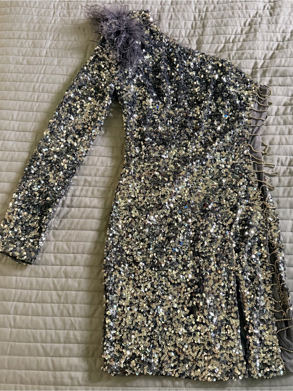 Banjul One-Shoulder Sequin Dress in Silver and Gold with Feather Accent